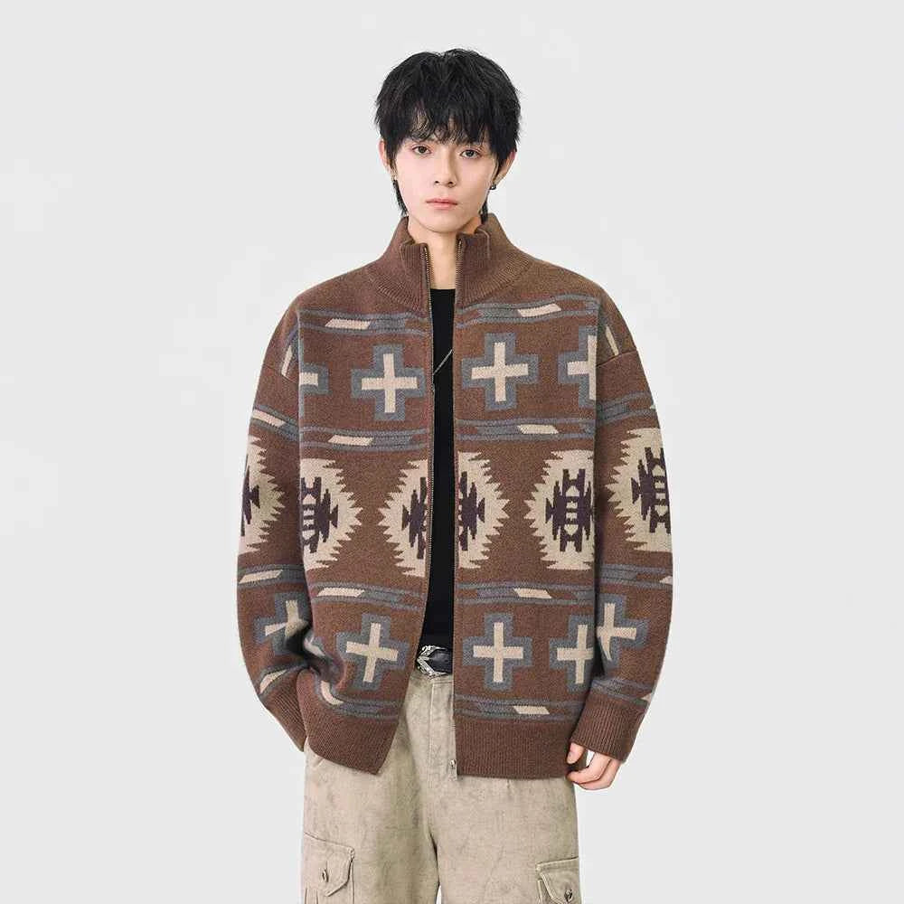 Geometric Pattern Casual Full Zip Cardigan