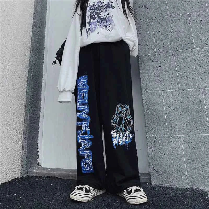 Retro Anime Print Oversized Wide Sweatpants