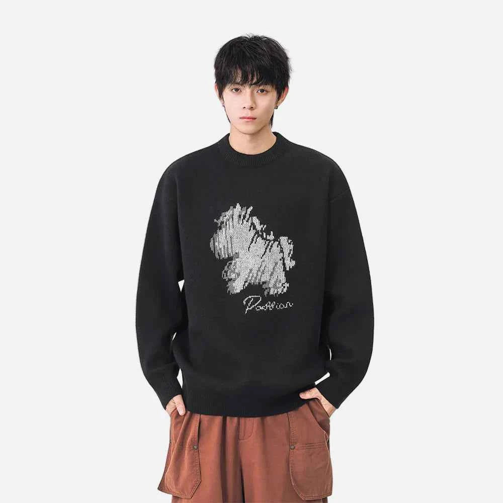 Abstract Unicorn Pattern Knitted Crew Neck Sweater