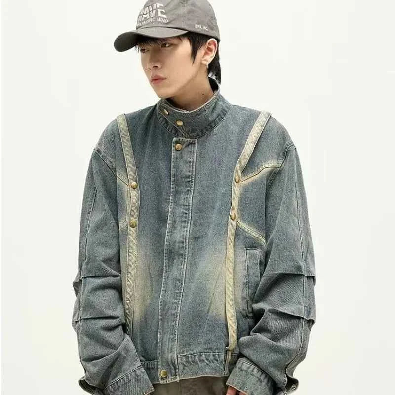 Chic Pleated Stitching Tie Dye Denim Jacket