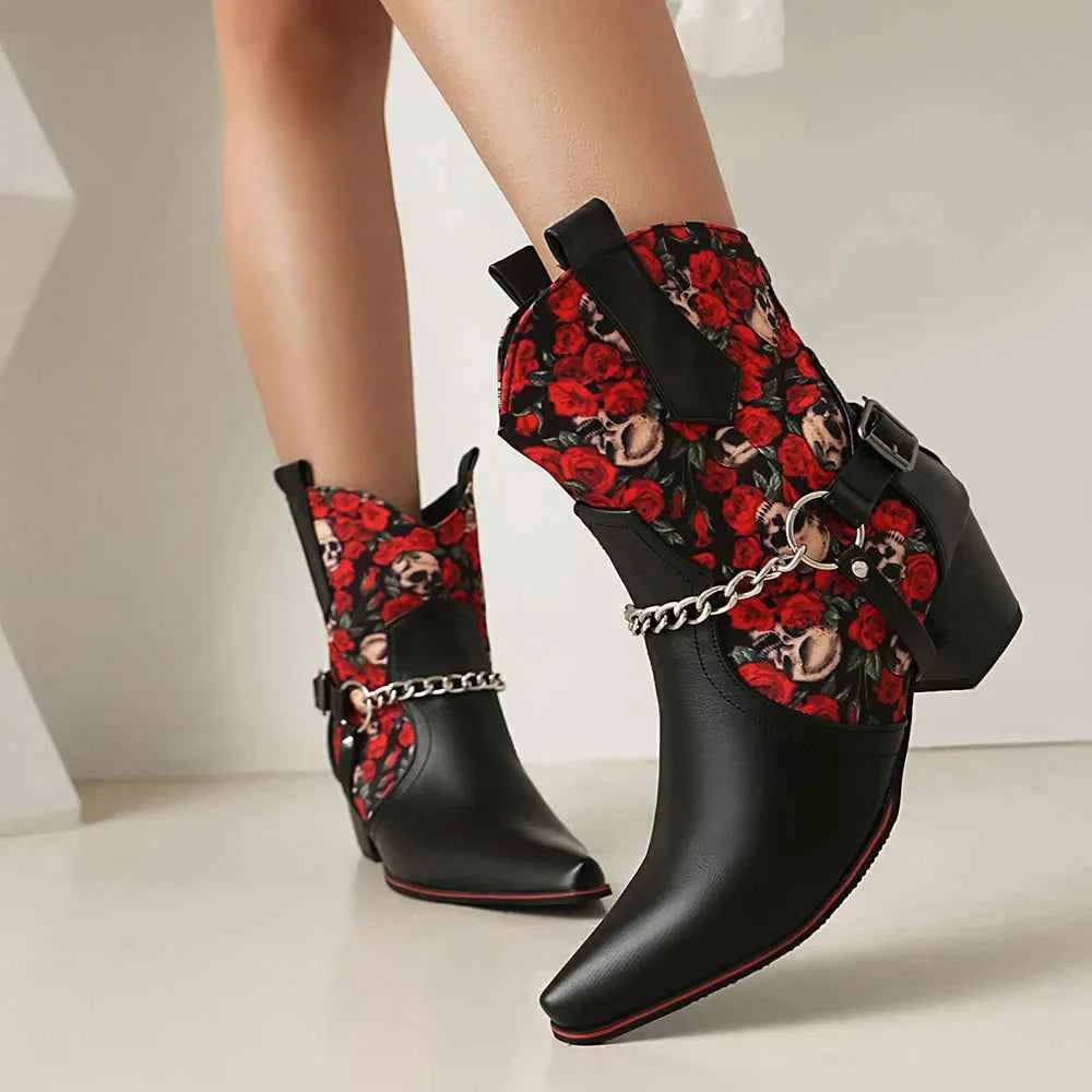 Gothic Rose Skull Cowboy Boot