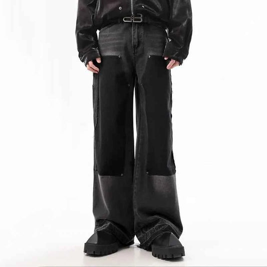 Casual Retro Black Whiskers Baggy Jeans