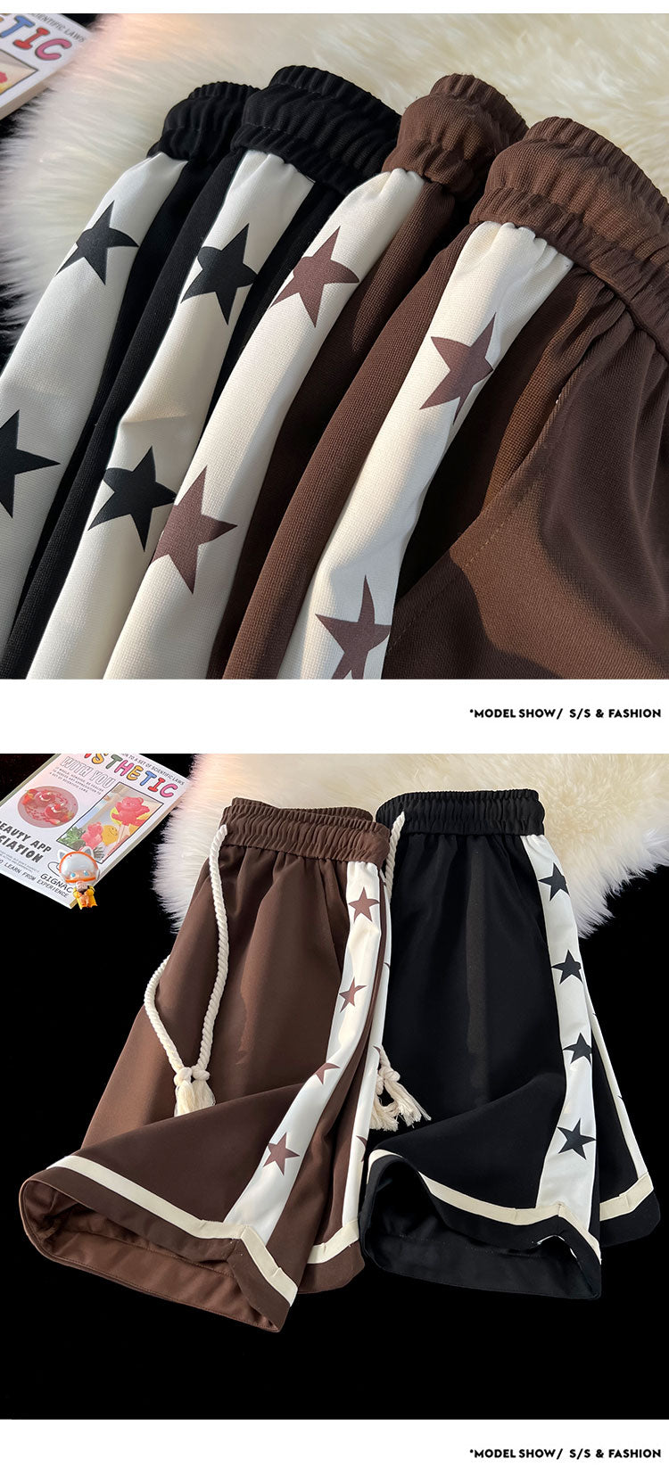 B Letter Drawstring Stars Patchwork Shorts
