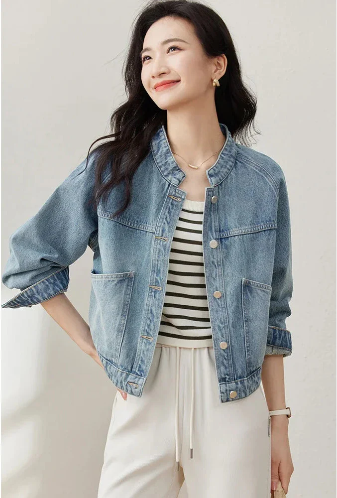 Stylish Stand Collar Denim Jacket Jeans - Luxuryurbanwear