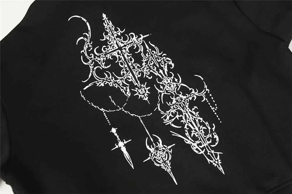 Y2K Retro Graffiti Zip-Up Fur-Collar Hooded Sweatshirt