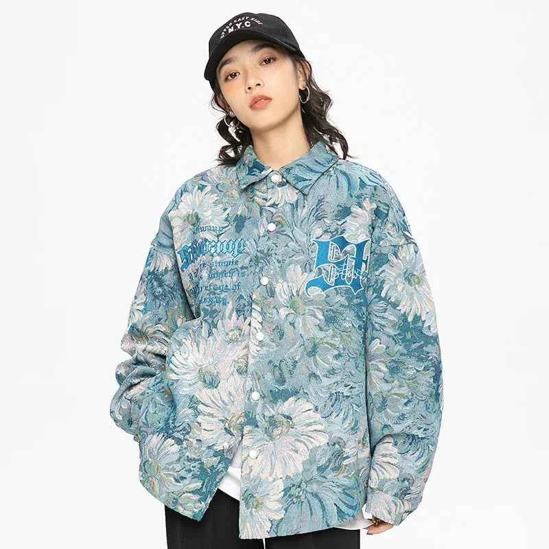 Trendy Gothic Daisy Print Varsity Jacket