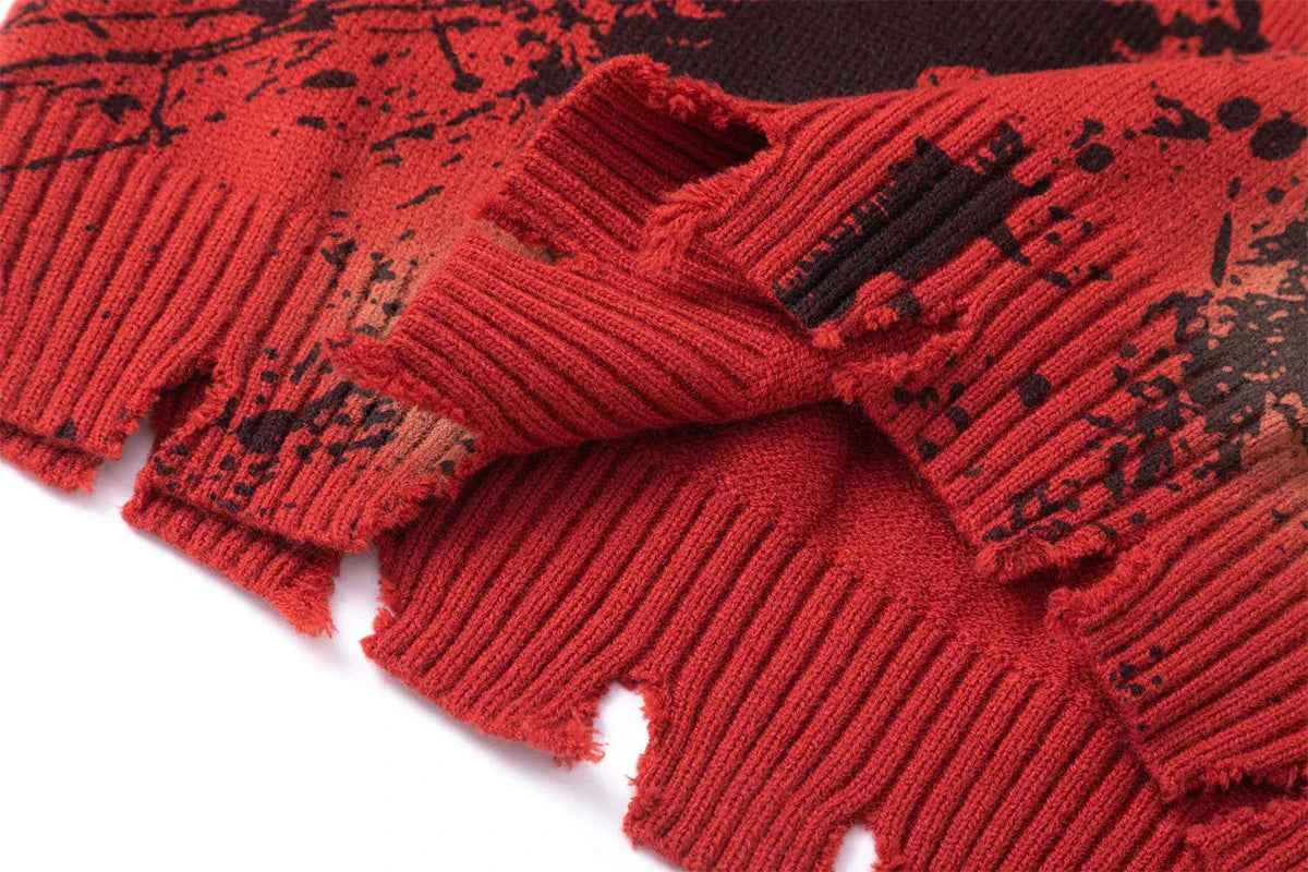 Flattering Distressed Ripped Red Ink Splashing Sweater