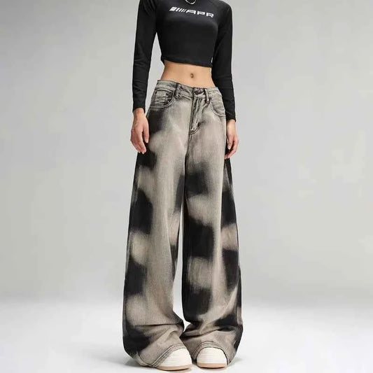 Women Vintage Grey Tie Dye Baggy Jeans