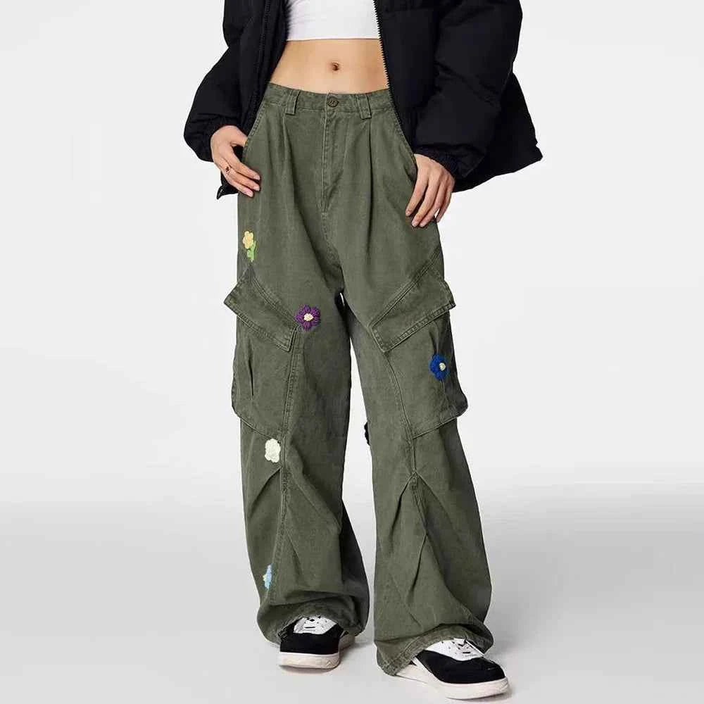 Floral Embroidered Loose Straight Cargo Pants