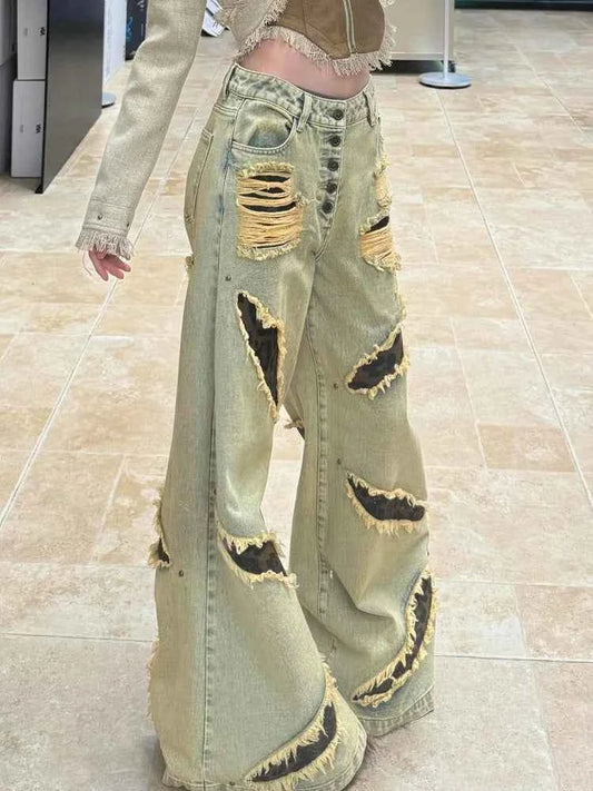 Streetwear distressed high waist leopard Jeans