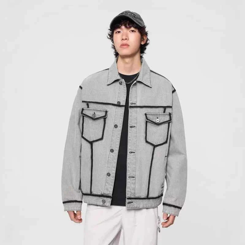 Gray Korean Style Vintage Motorcycle Denim Jacket