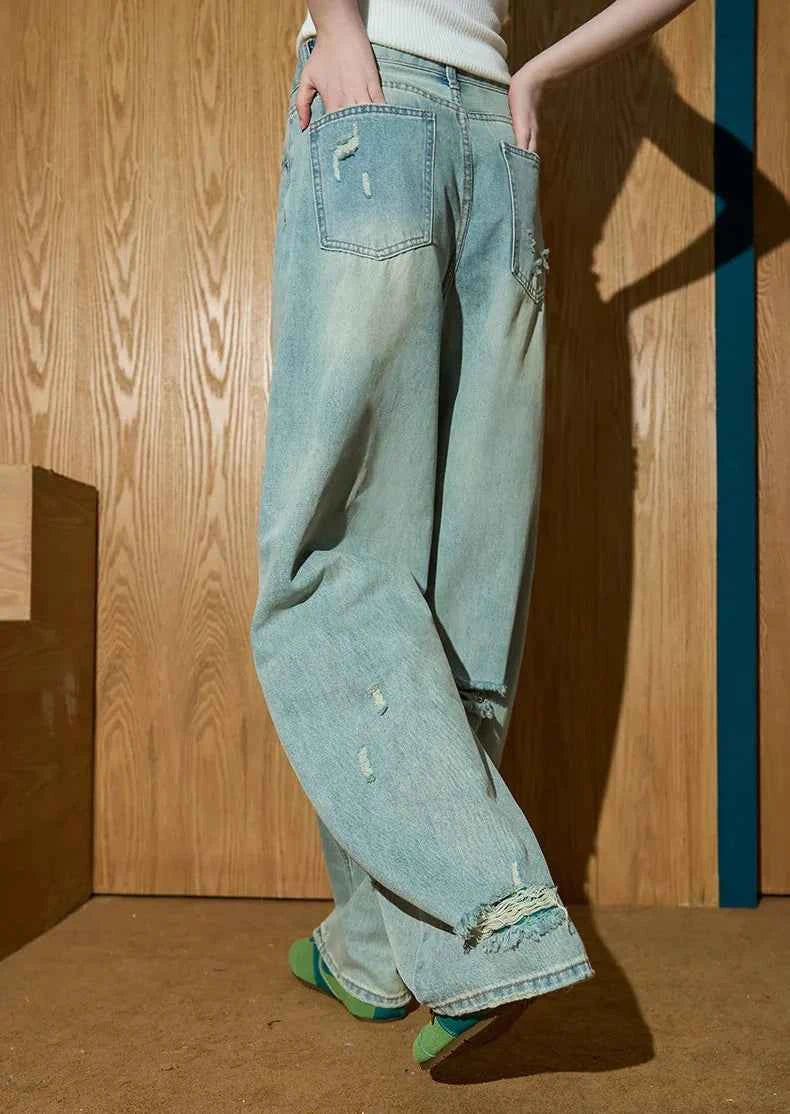 Streetwear High Waist Distressed Wide Leg Jeans