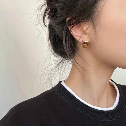 Minimalist Tiger Eye Stone Round Beads Earring