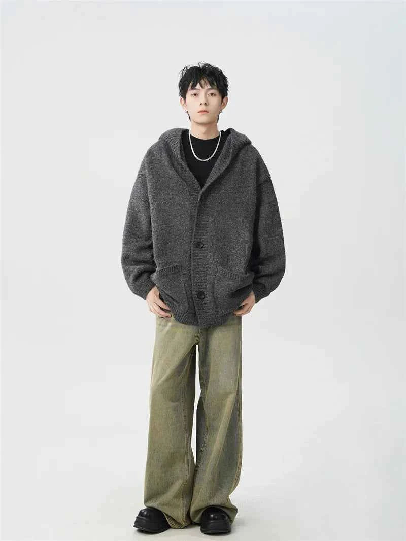 Vintage Cool Cozy Gray Hooded Knitted Cardigan