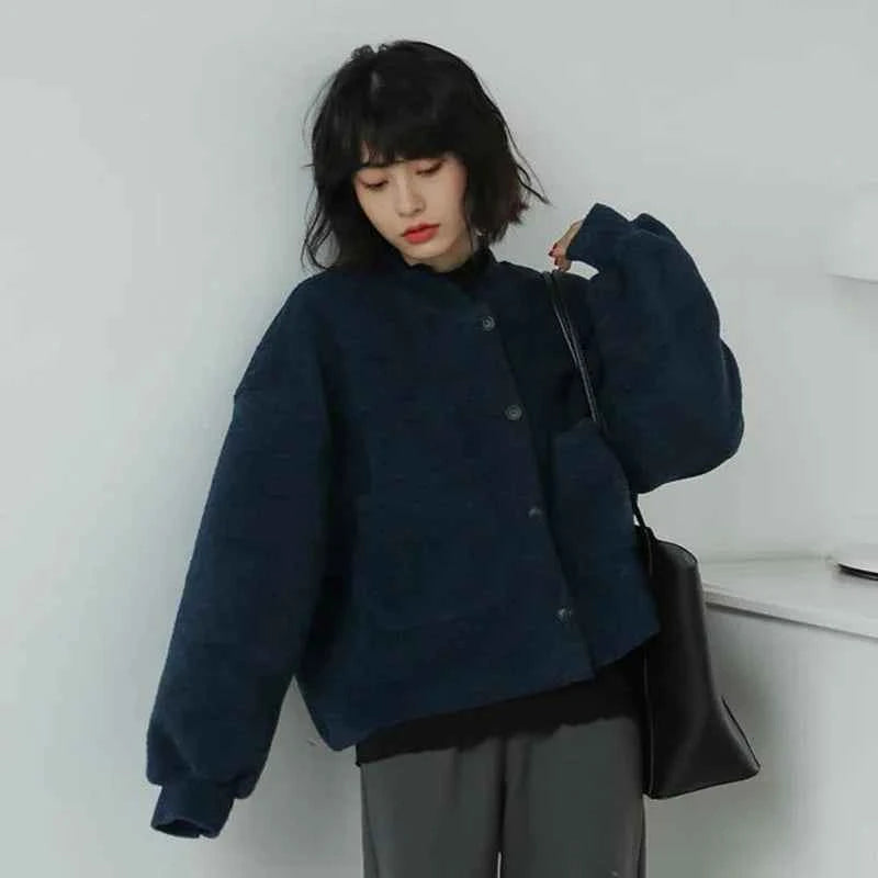 Women Classic Vintage Navy Blue Warm Cardigan