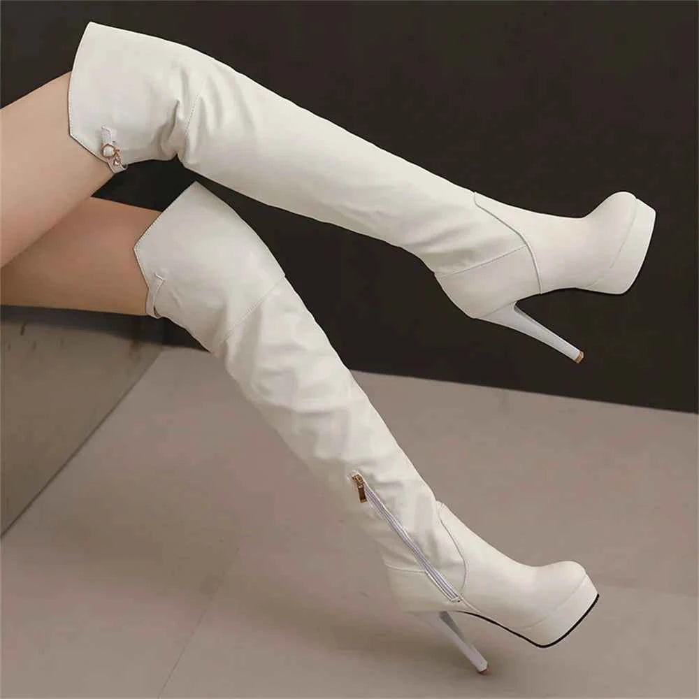 Embroidered Harness Stiletto Over Knee Leather Boots