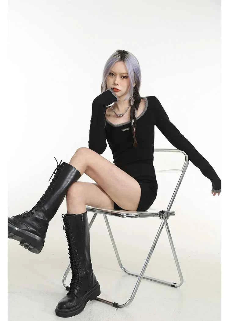 Sexy Black Sheath Knit Long T-Shirt