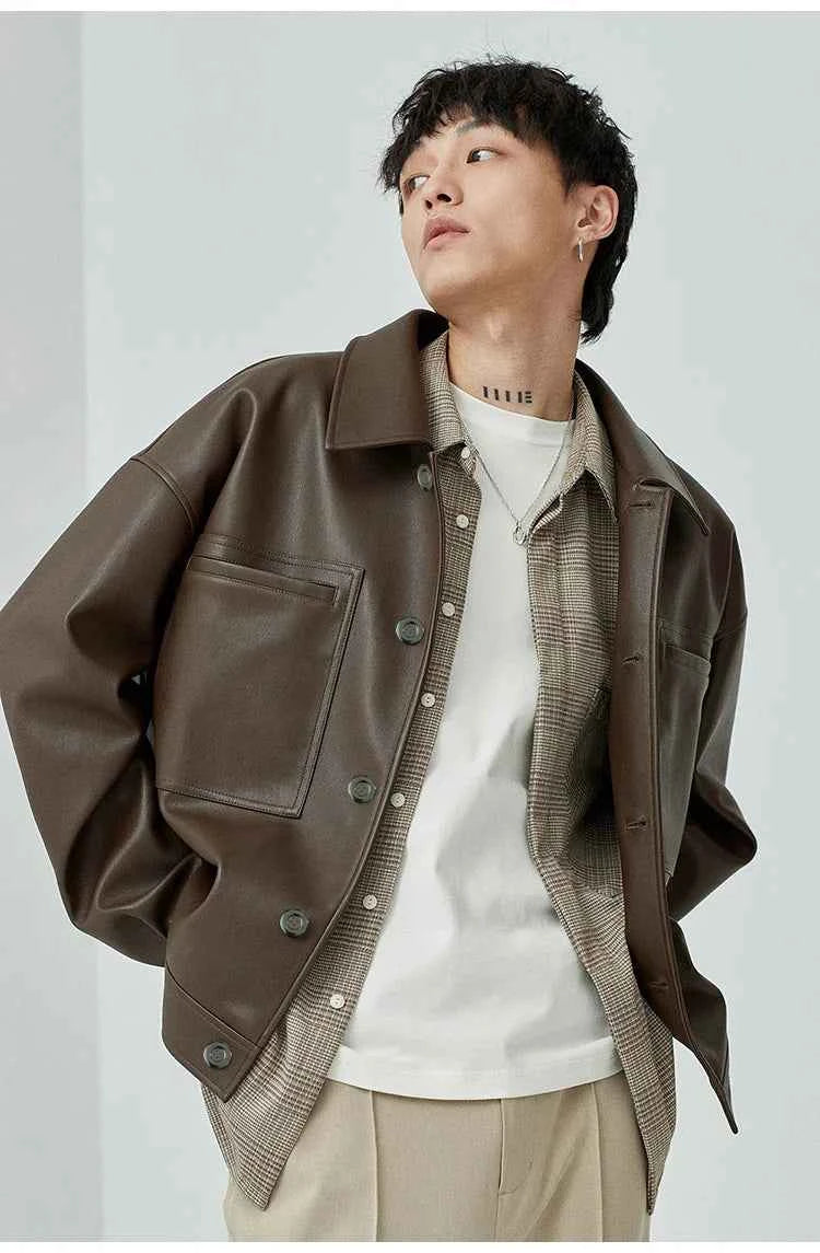 Brown And Black Oversized Faux Leather Jacket