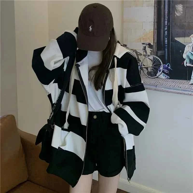 Stylish Korean Style Striped Loose Hooded Sweatshirt