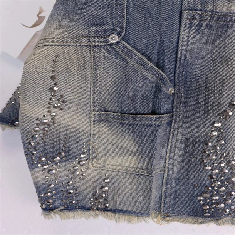 Fire Diamond Denim Rhinestone Graphic Short