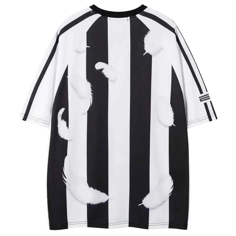 Feather Print Mesh Stripe Sport Polyester T-Shirt