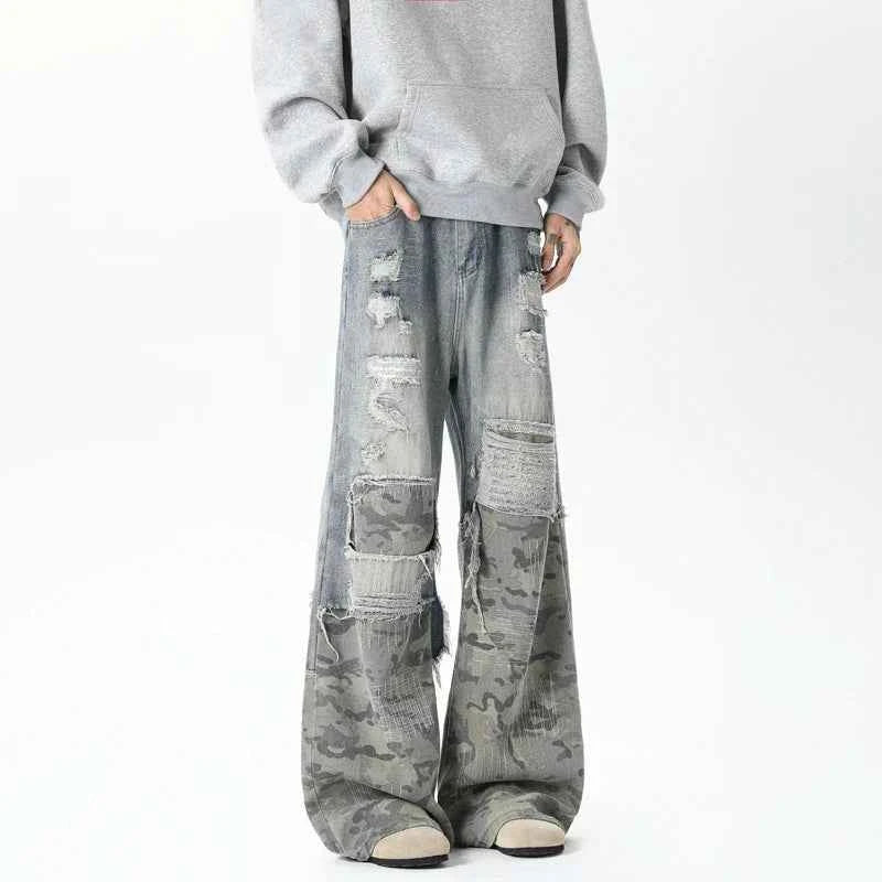 Stylish Camouflage Ripped Patchwork Wide Jeans