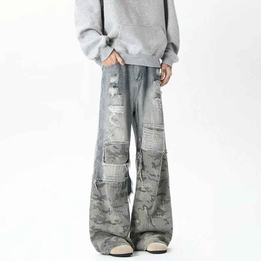 Stylish Camouflage Ripped Patchwork Wide Jeans