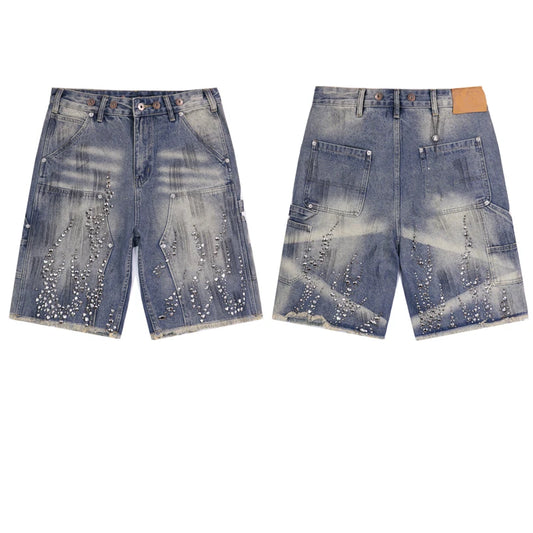 Fire Diamond Denim Rhinestone Graphic Short