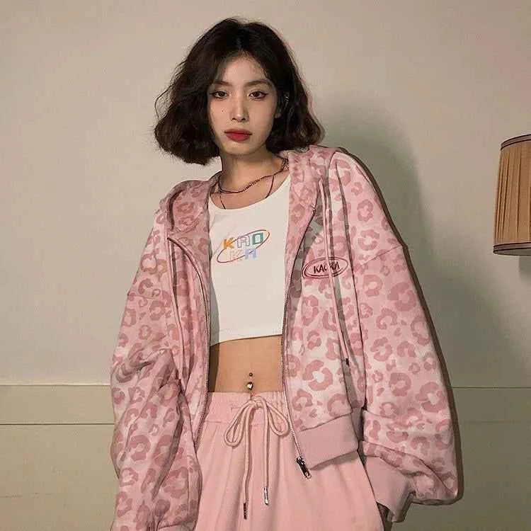 Y2K Pink Leopard Print Casual Sweatshirt