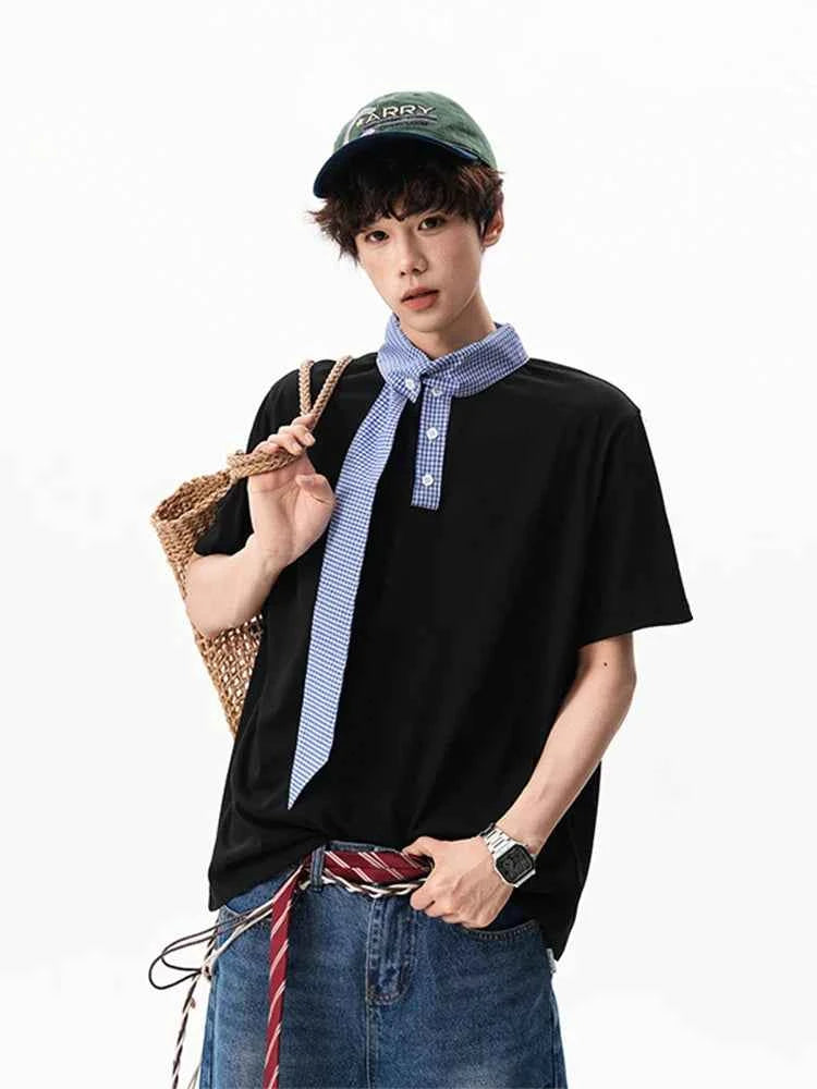 Gingham Tie Collar Oversized Short Sleeve T-Shirt