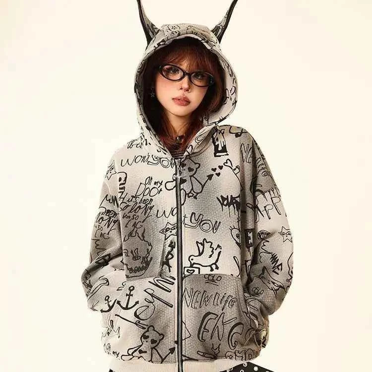 Women American Style Doberman Print Hooded Sweatshirt