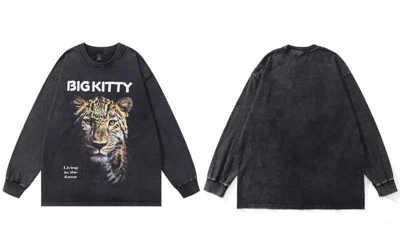 Oversized Washed Black Tiger Graphic Long Sleeve T-Shirt