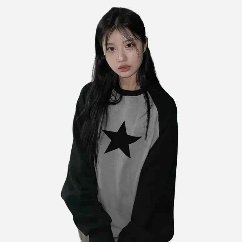 Gothic Oversized Contrast Color Long Sleeve T-Shirt