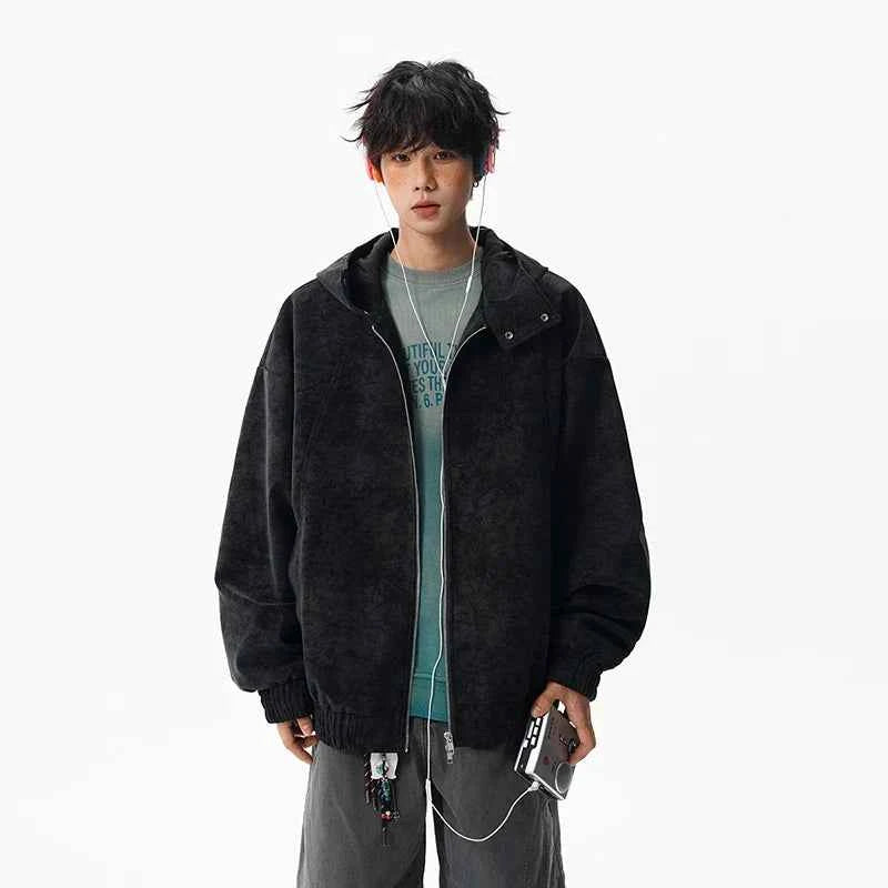 Windproof Suede Zipper Hooded Leather Jacket