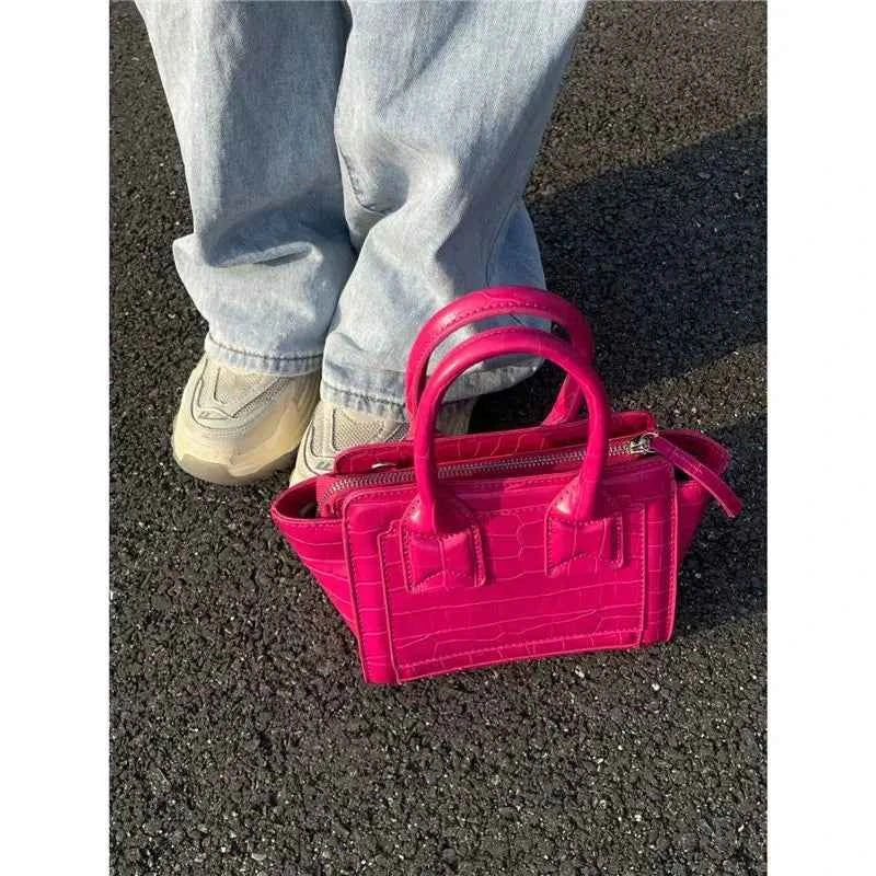 Vintage Pink Crocodile Pattern Bucket Bag