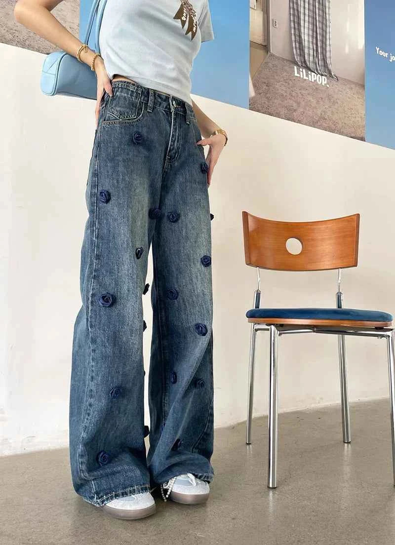 Wardrobe Staple Floral High Waist Wide Leg Jeans