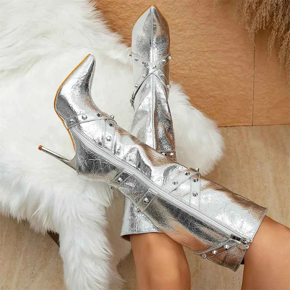Rivet Thin High Heel Knee Zipper Boots