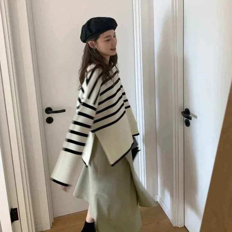 Women Chic Korean Striped Loose Knit Sweater
