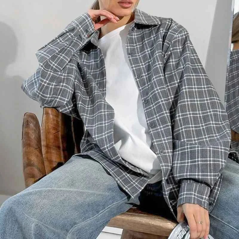 Vintage Elegant Gray Plaid Long Sleeve Shirt