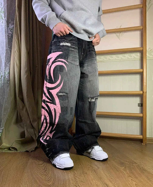 Pink Flame Emblem Doodle Print Jeans