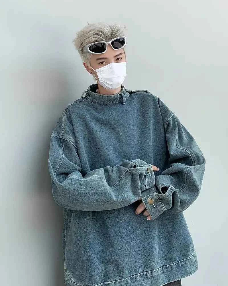 Streetwear Korean Style Stand Collar Denim Sweatshirt