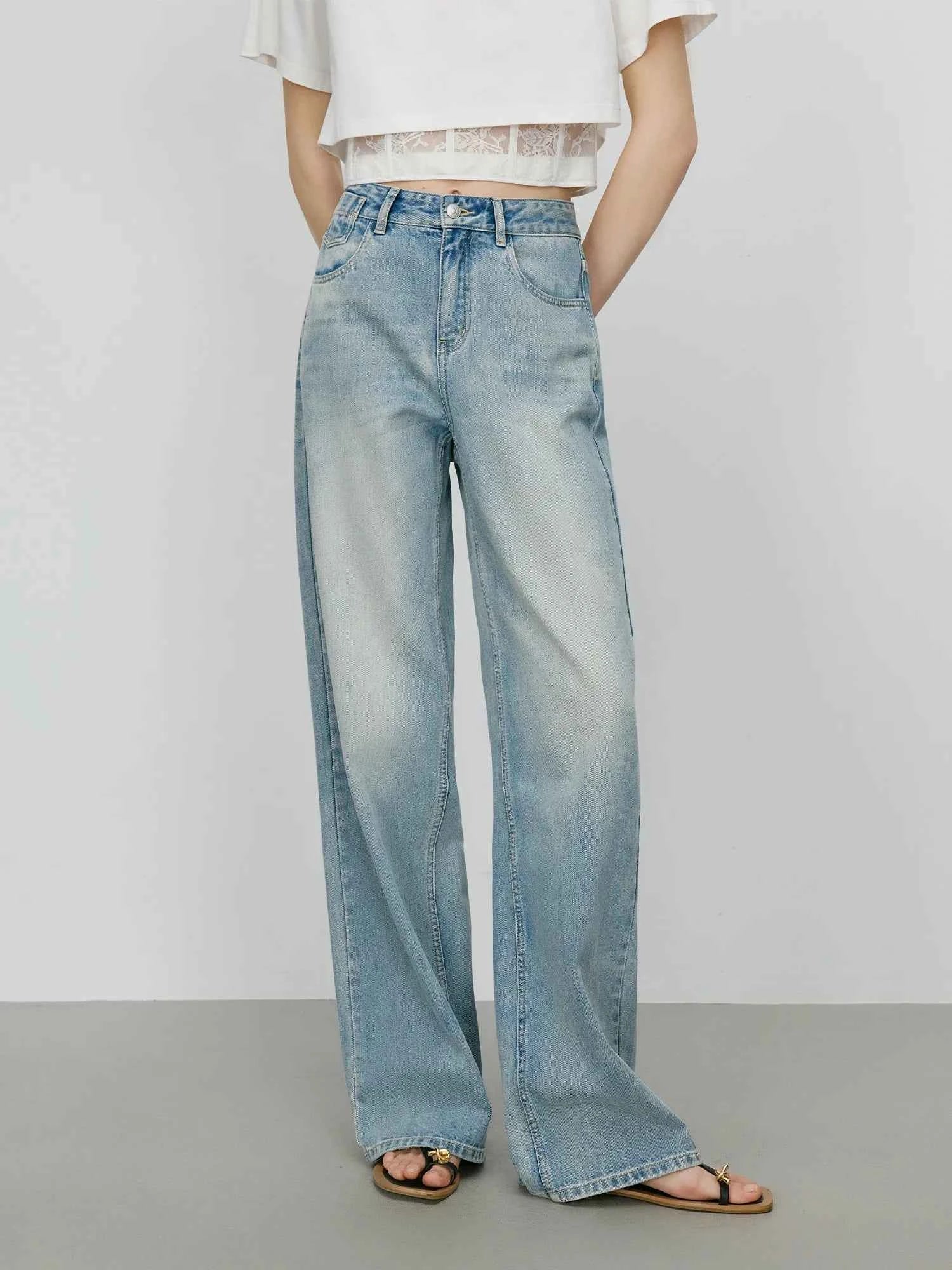 Vintage Wash Distressed Relaxed Straight Jeans