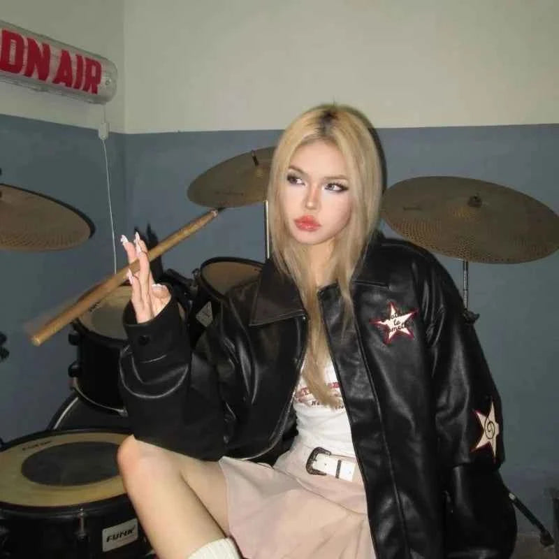 Women Streetwear Embroidered Motorcycle Leather Jacket