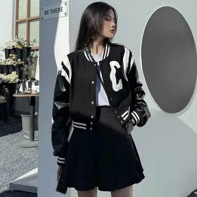 Punk Style Black White Leather Varsity Jacket