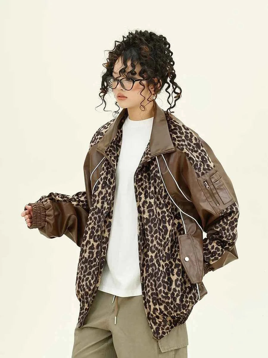 Leopard Print Splicing PU Leather Jacket
