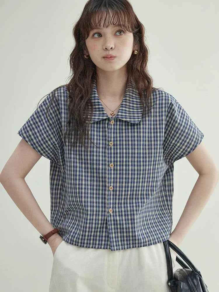 Woemn Streetwear Vintage Plaid Loose Summer Blouse Shirt