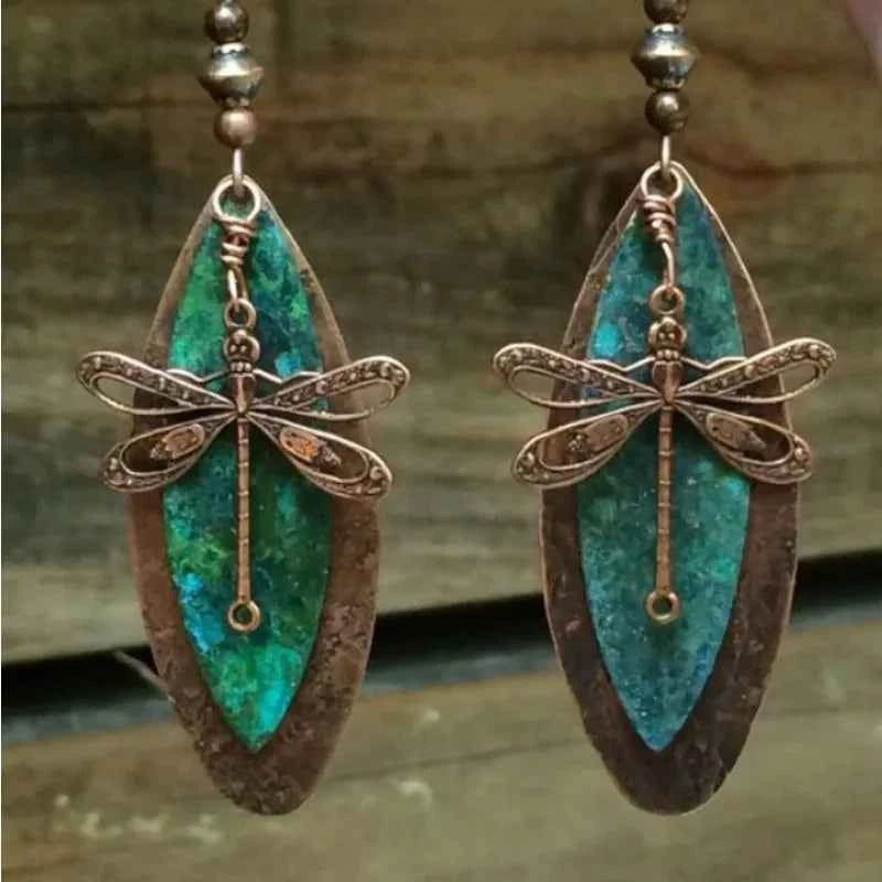 Boho Dragonfly Green Stone Dangle Earring
