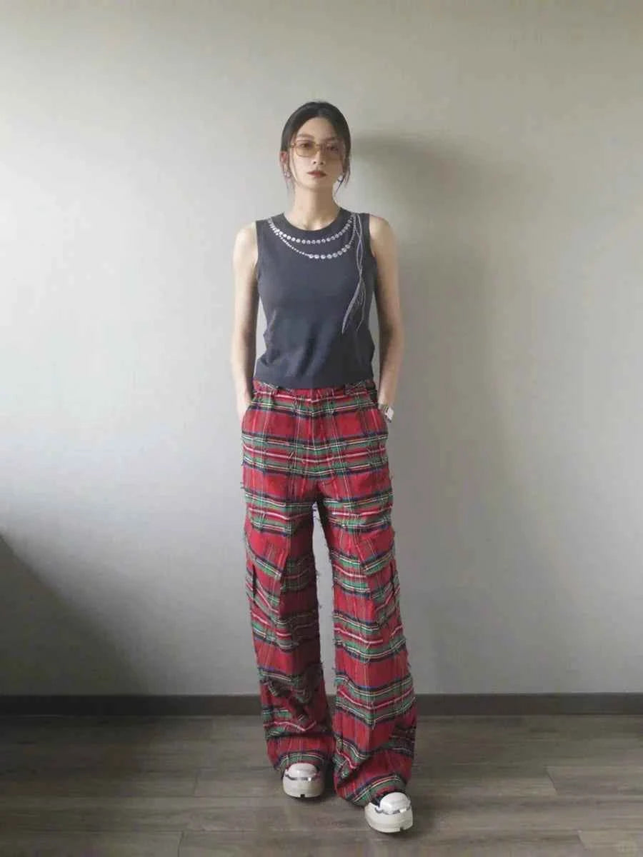 Red Plaid Grunge High Waist Loose Cargo Pants