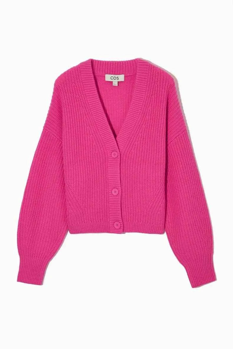 Ethereal Pink Casual Winter Rib V-Neck Cardigan