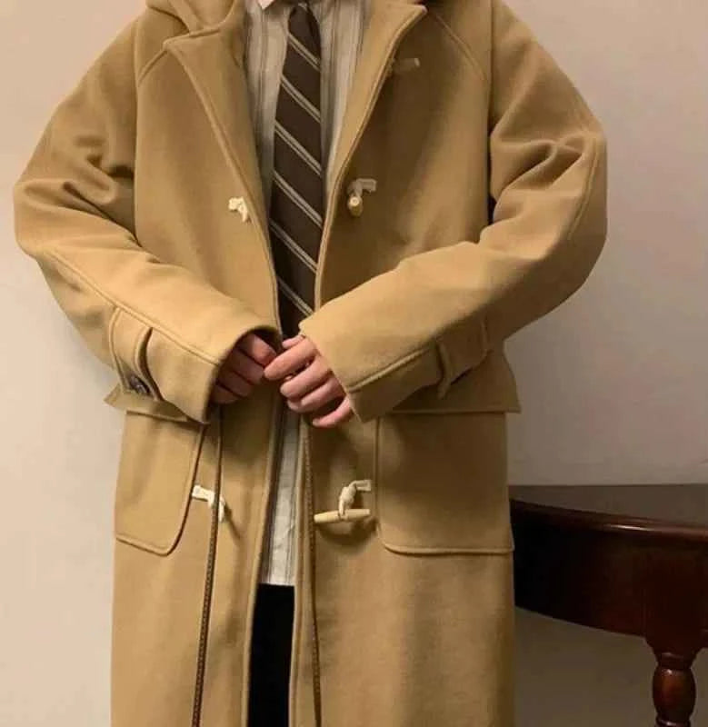 Vintage Horn Buckle Woolen Hooded Coat